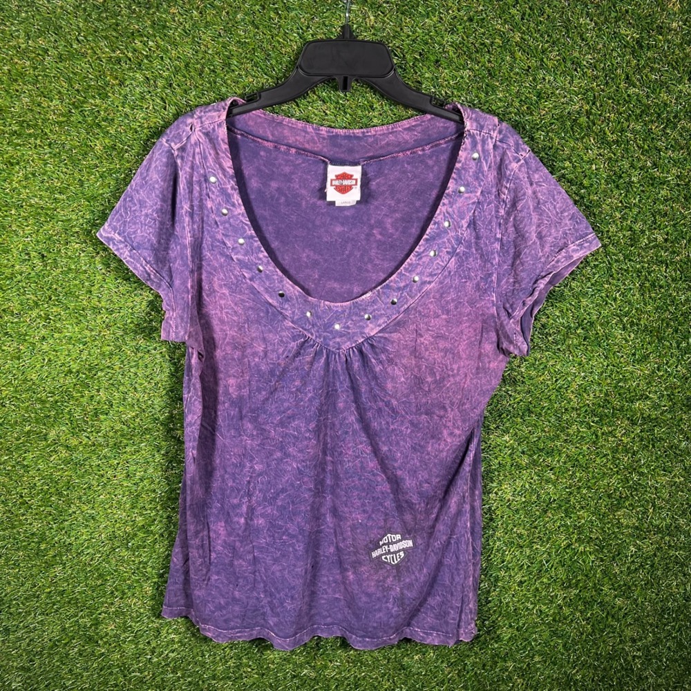 Harley Davidson Womens Purple Acid Wash Studded V-Neck Graphic T-Shirt Large